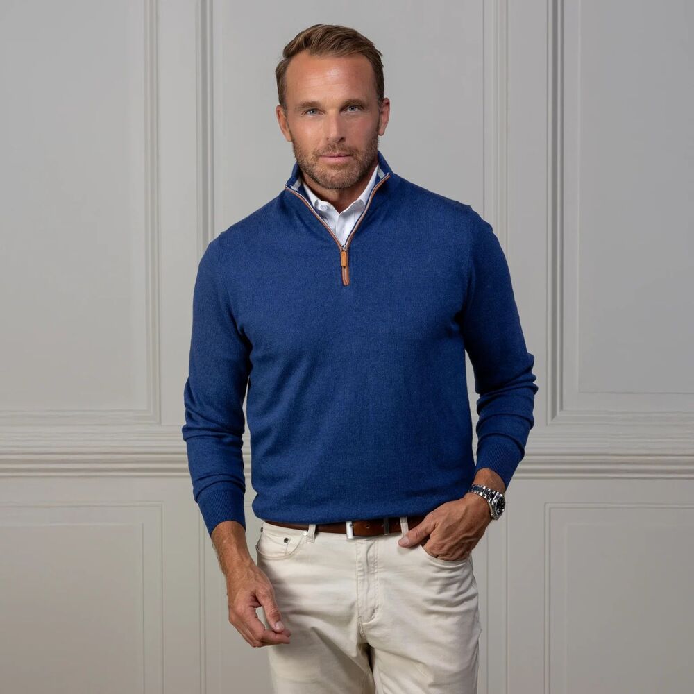 Collars & Co Sweater Mens S Blue 1/4 Zip Cotton Cashmere Quiet Luxury Office NWT